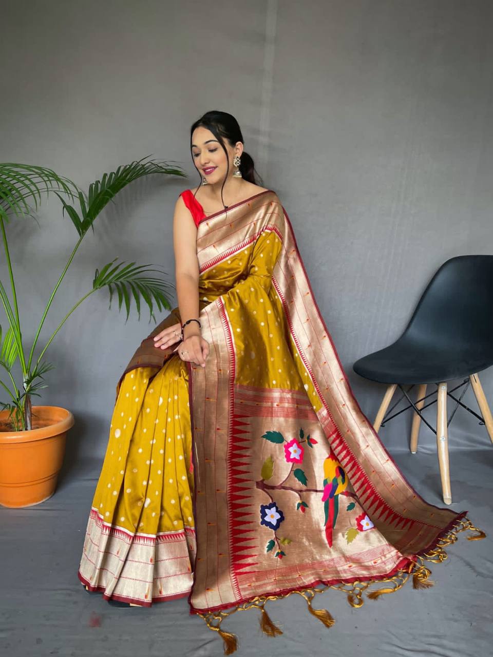 Mustard Yellow Pure Polka Paithani Silk Saree