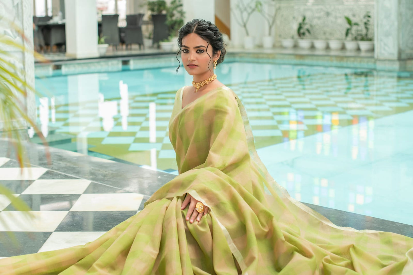 Green Pure Linen Saree Katha Weaving