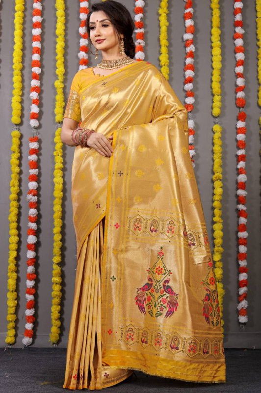 Lemon Paithani Pure silk handloom saree with Pure Jari