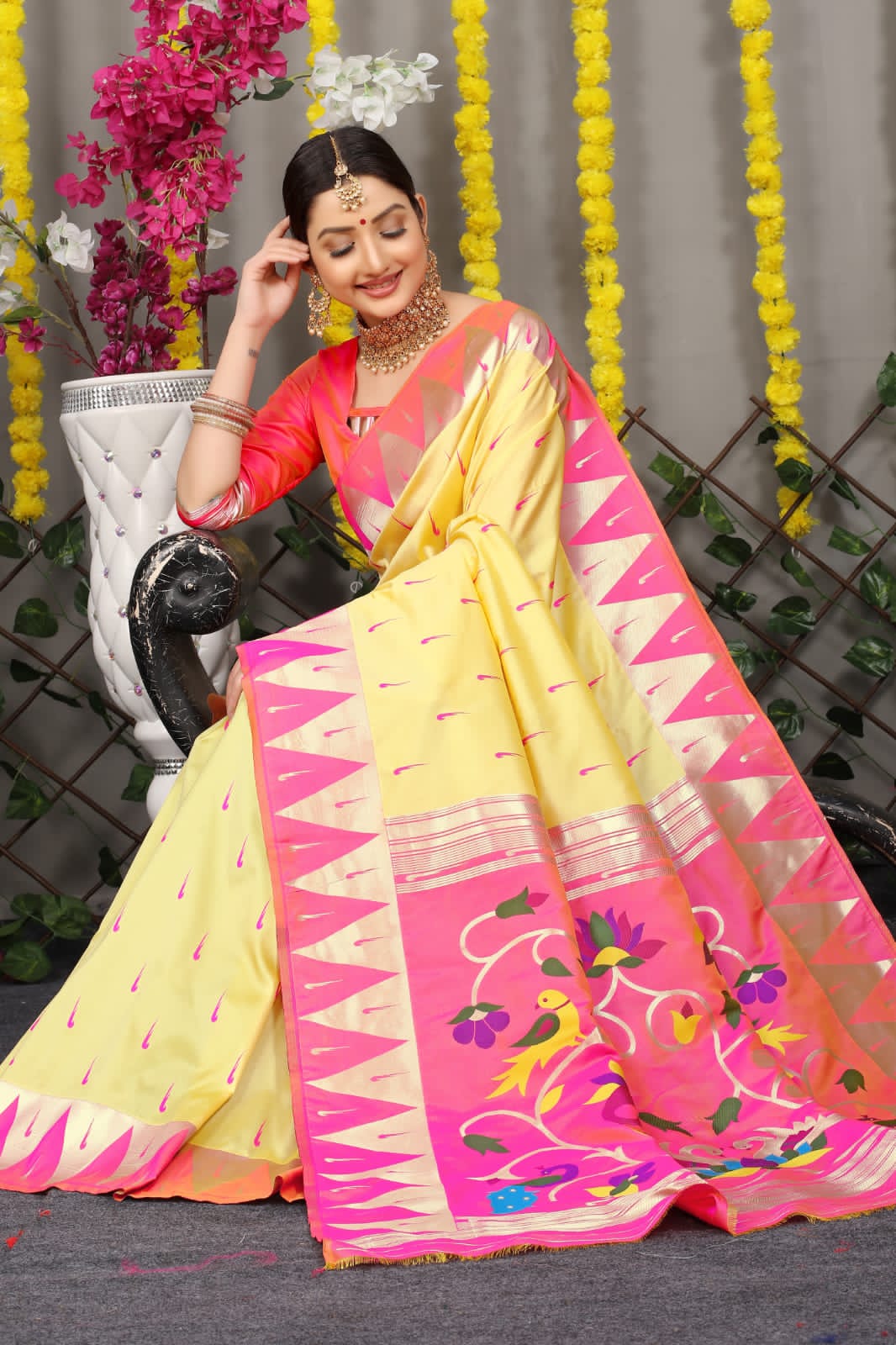 Beautiful Yellow Soft Silk Paithani Saree With Rich Pallu And Meenakari work