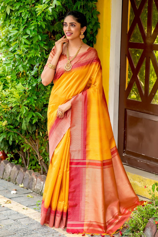 Yellow Silk Saree With Zari Woven Contrast Bomkai Temple Border
