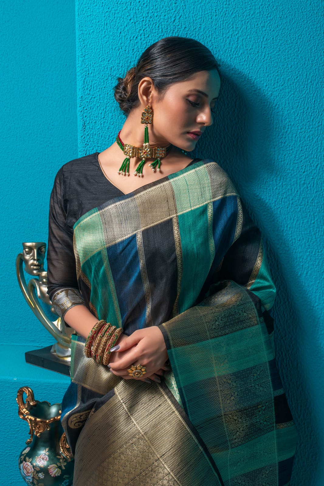 Mint Tussar Silk Saree with unique Bishnoi broad Border