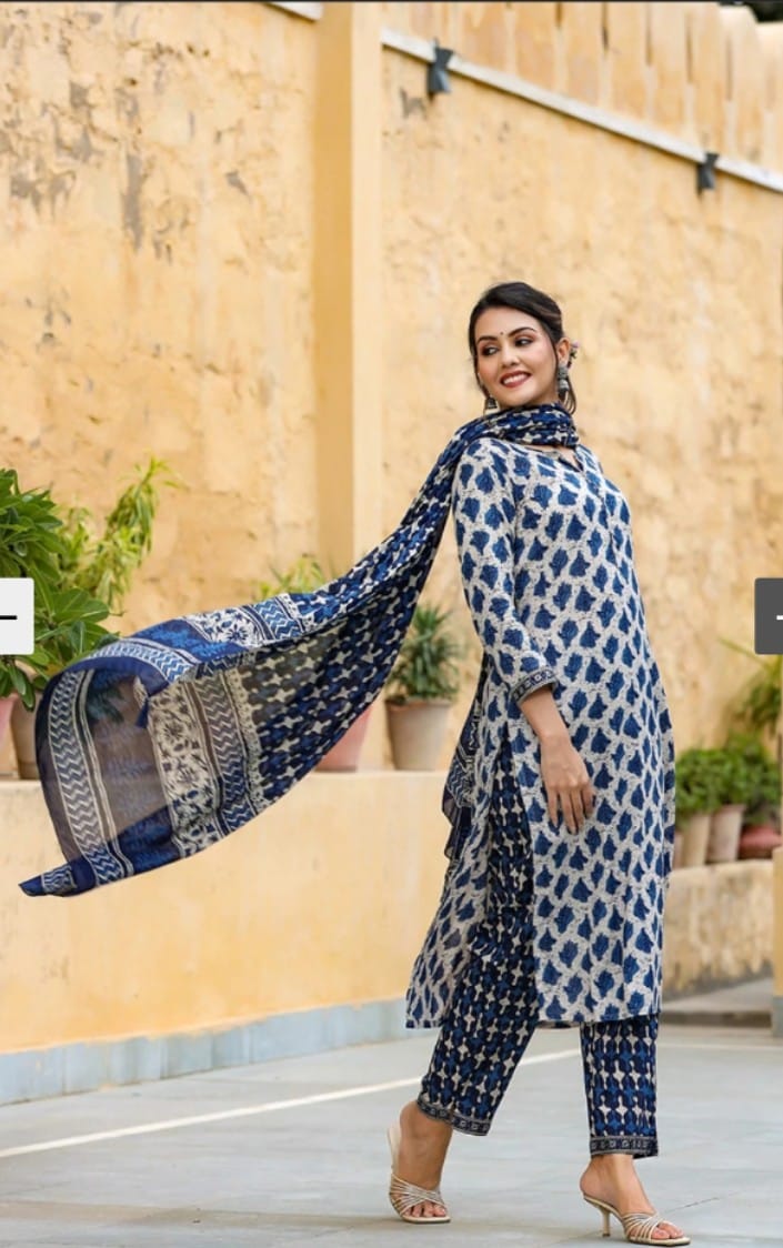 Cotton Suit Set In Indigo Printed Kurti Pant With Dupatta