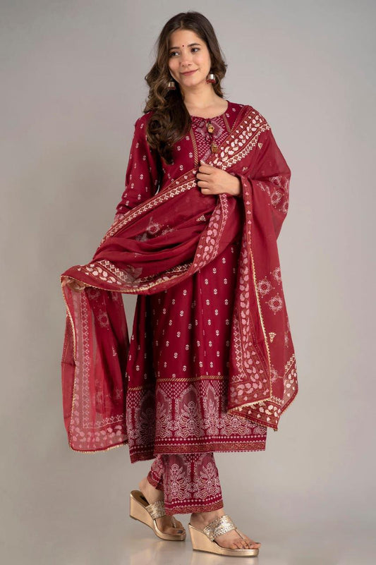 Beautiful Red Heavy Printed Anarkali Kurti With Palazzo And Dupatta