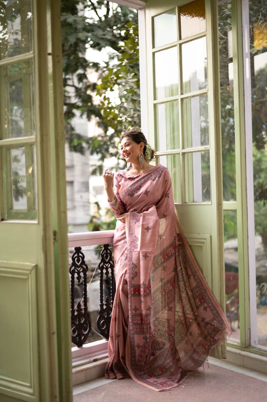 Pink Tussar Silk Saree With Madhubani Print