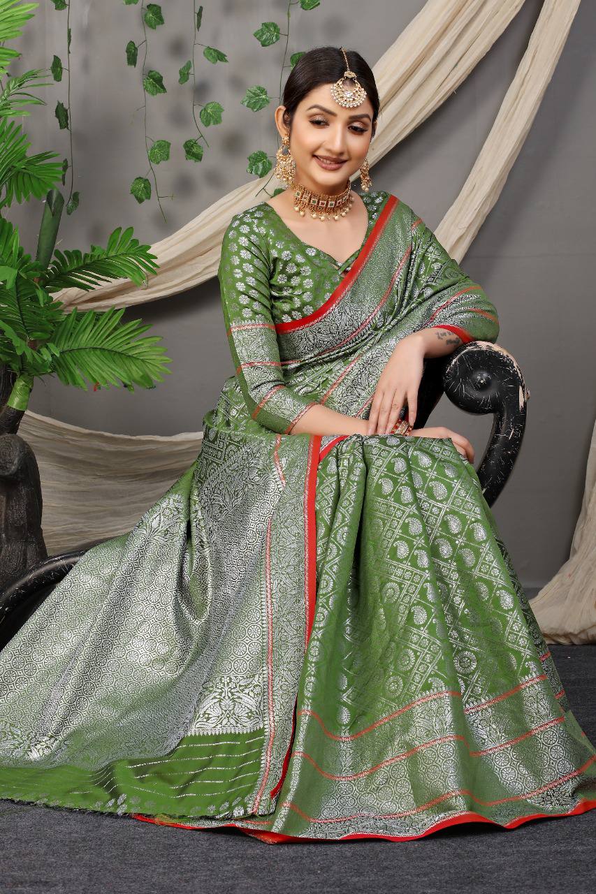 Beautiful Light Green Colour With Lichi Soft Silk Saree With Weaving Silver