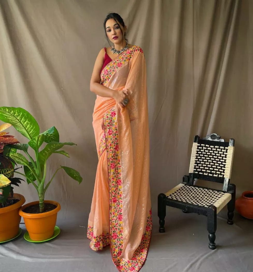 Orange Pure Gorgate Saree With Sequence Work