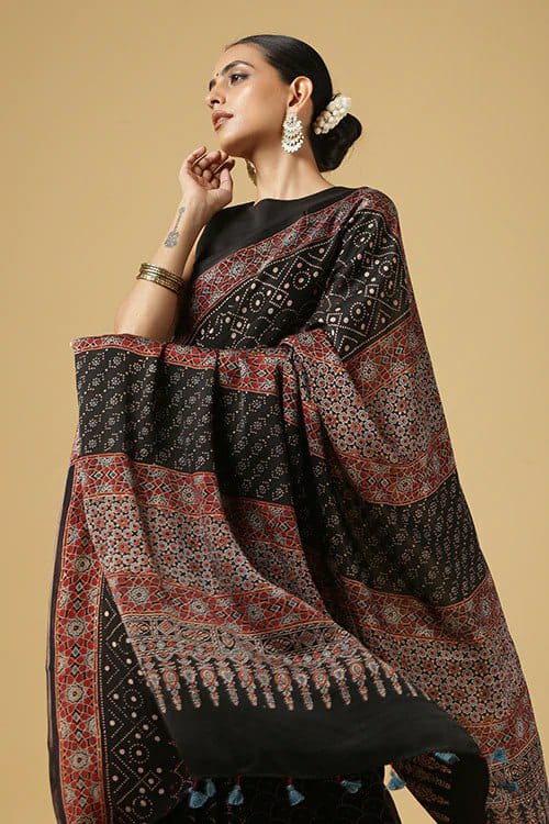 Black Ajarakh Digital Print Muslin Fabric Saree With Rich Glaze .