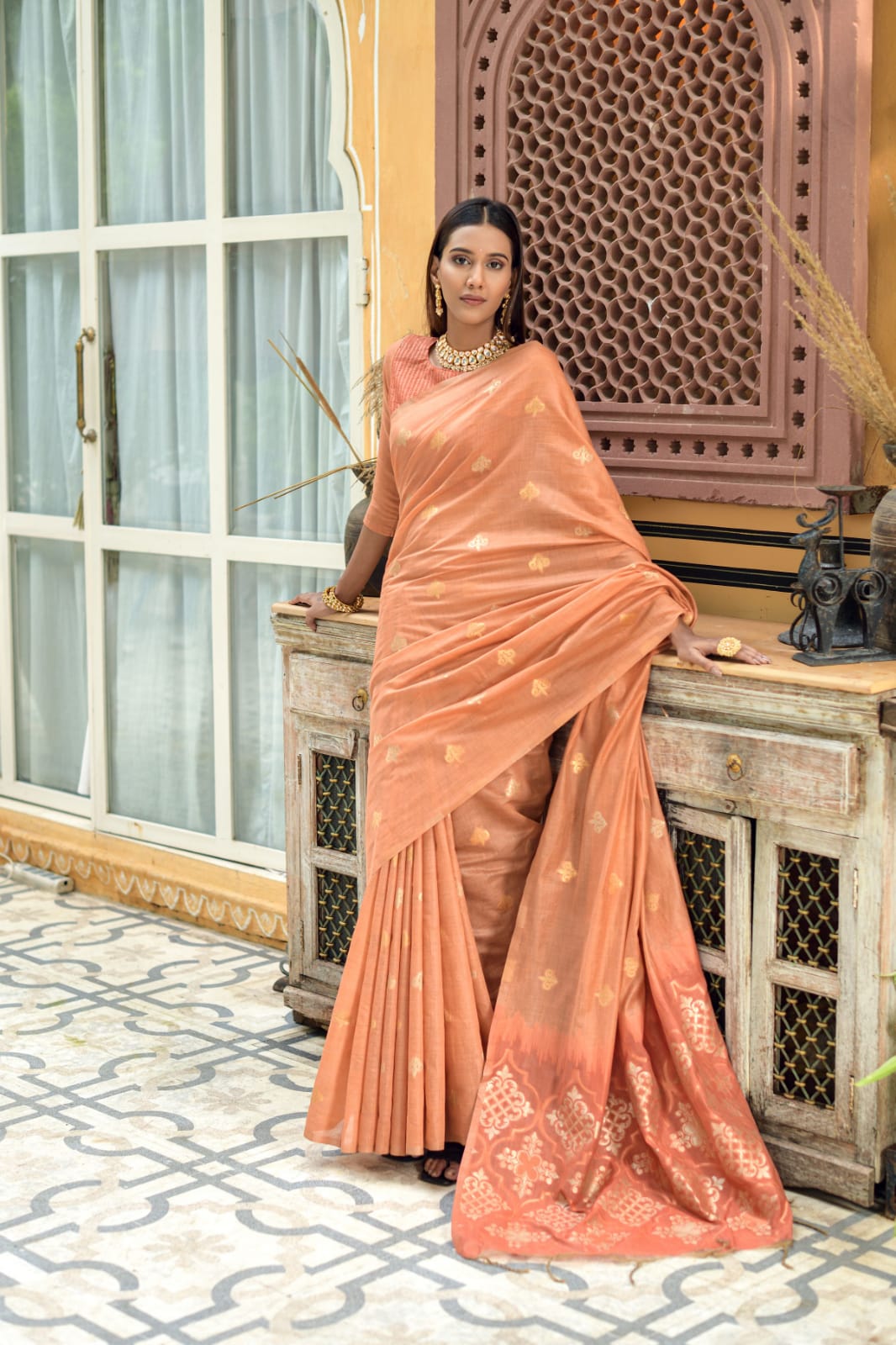 Peach Chanderi Silk Saree With Silver And Copper Zari Weaves
