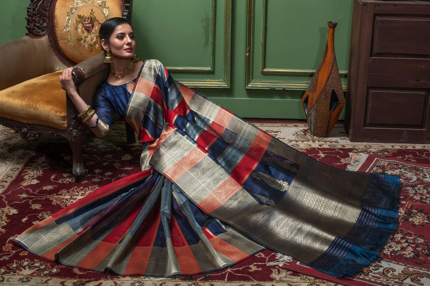 Navy Blue Tussar Silk Saree with unique Bishnoi broad Border