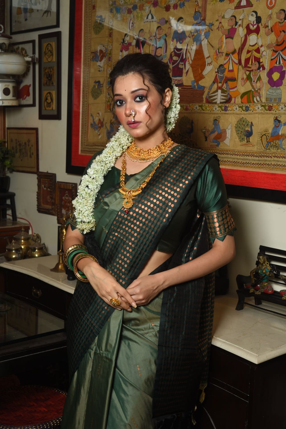 Dark Green Soft Silk Saree With Contrast Fancy Zari Weaves Border