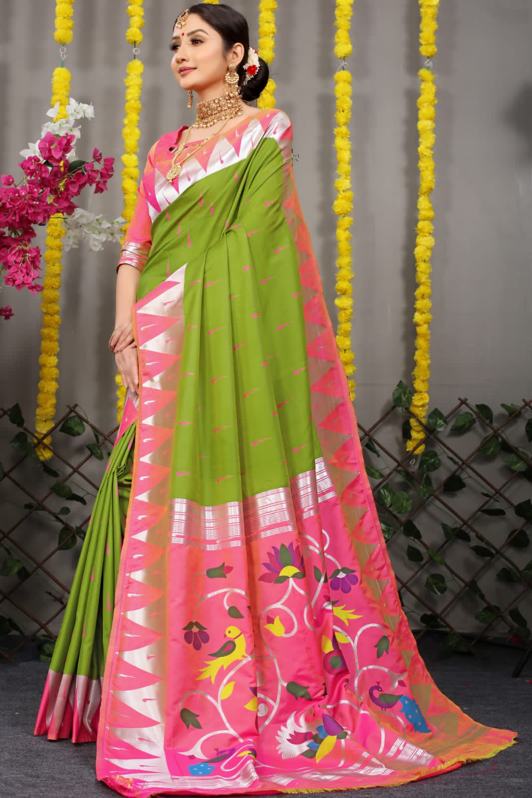 Soft Light Green Silk Paithani Saree With Rich Pallu And Meenakari work
