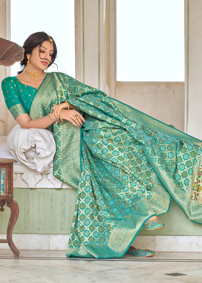 Mint Soft Silk Bandhani Saree With Pure Jari Work