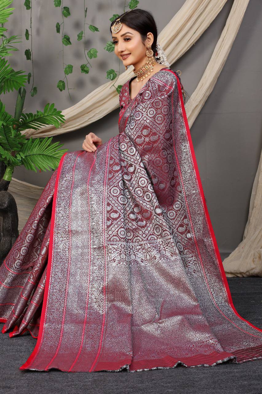 Beautiful Red Colour With Lichi Soft Silk Saree With Weaving Silver