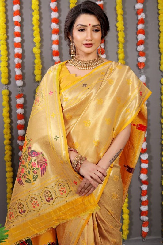 Lemon Paithani Pure silk handloom saree with Pure Jari