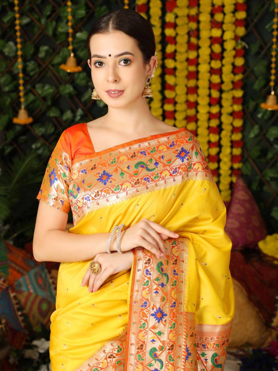 Yellow Banarasi Soft Silk Paithani Saree