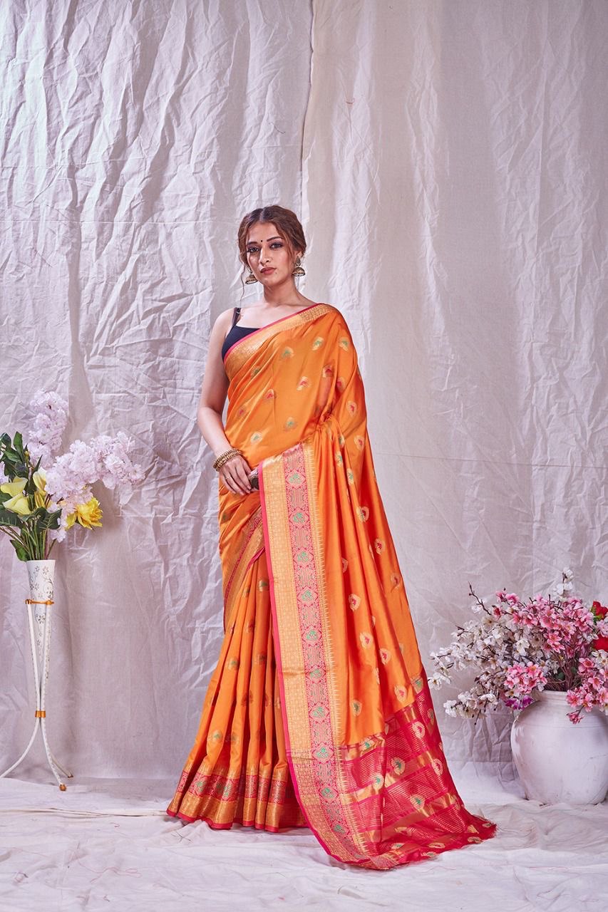 Beautiful Orange Paithani Saree with Zari work