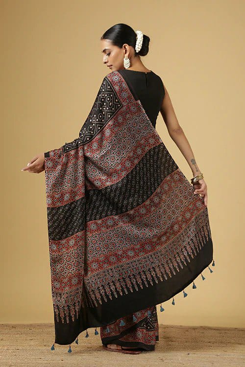 Black Ajarakh Digital Print Muslin Fabric Saree With Rich Glaze .