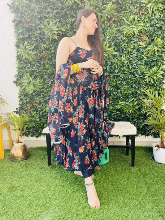 Beautiful Blue Fox Georgette Anarkali Gown With Floral Dupatta set