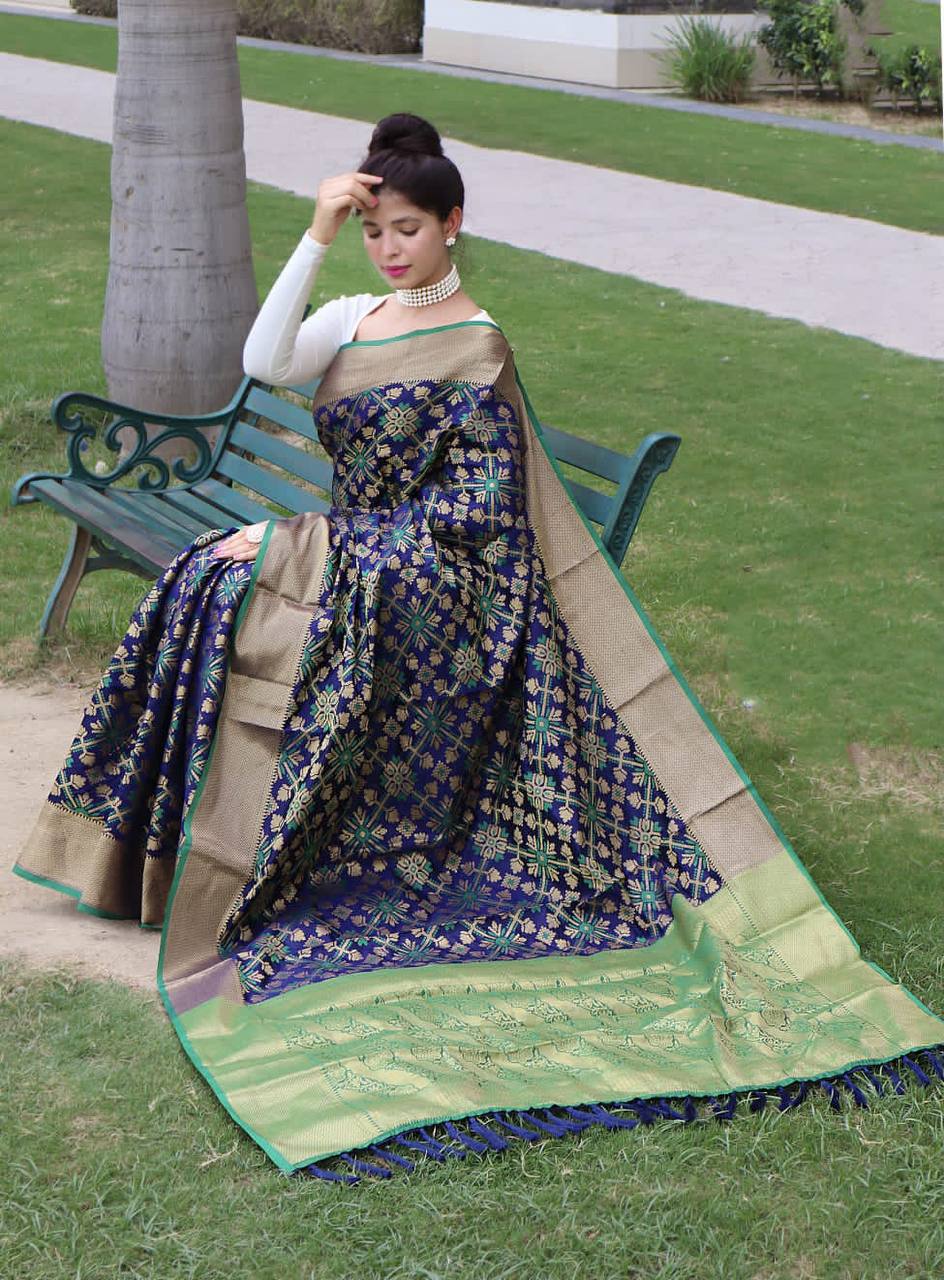 Blue Bandhej Silk Saree With Weaving Gold Zari Border