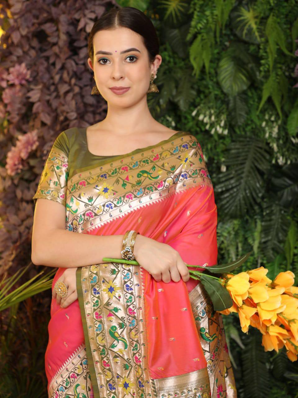 Orange Banarasi Soft Silk Paithani Saree