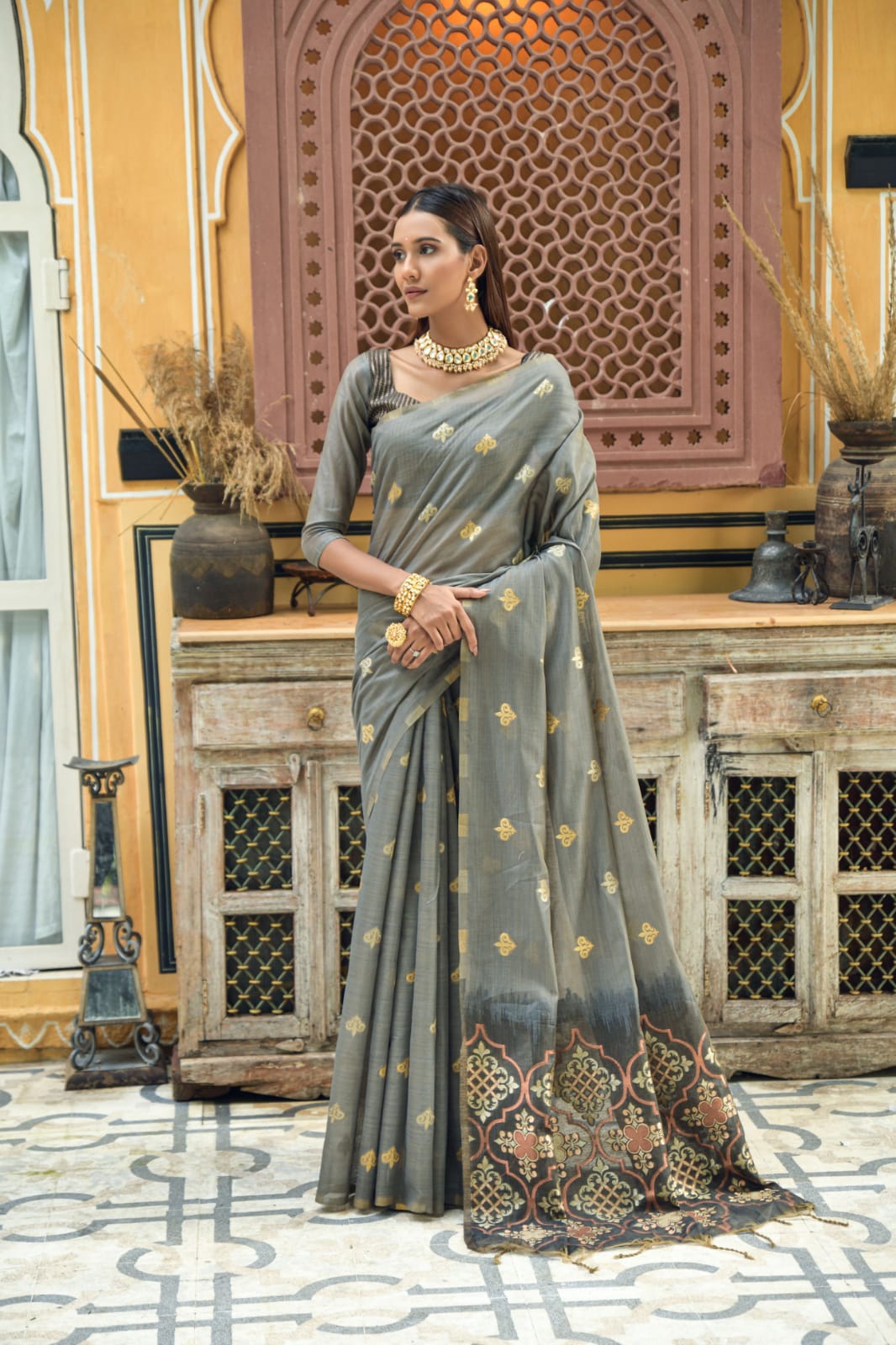 Grey Chanderi Silk Saree With Silver And Copper Zari Weaves
