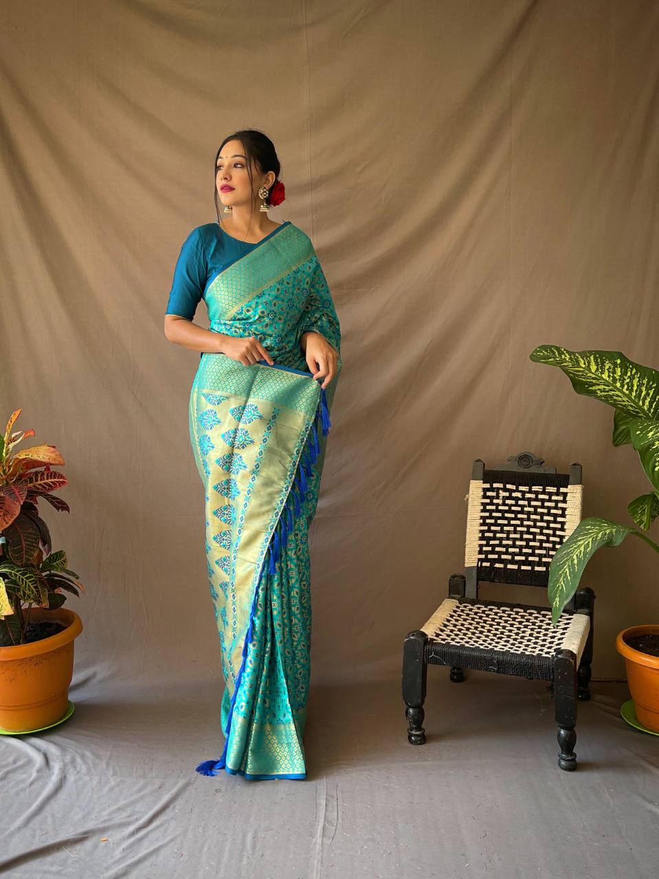Blue Pure Patola Silk Saree With Contrast Meenakari