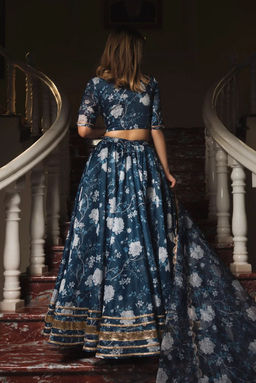 Blue Organza Embroidered Faux Georgette Party Wear Lehenga Choli