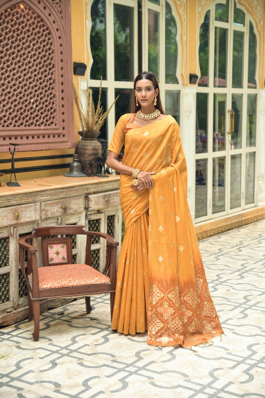 Yellow Chanderi Silk Saree With Silver And Copper Zari Weaves