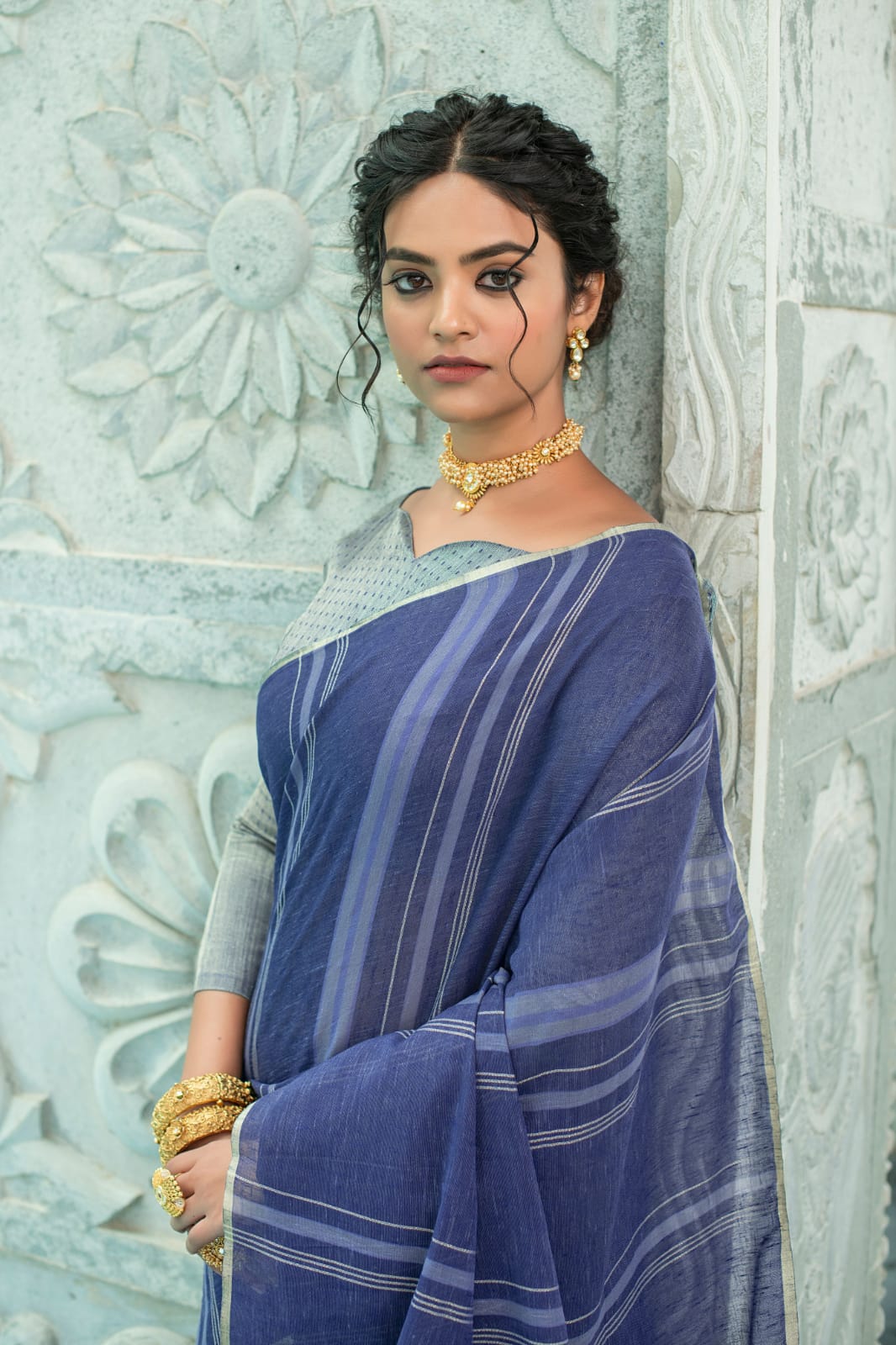 Blue Pure Linen Saree Katha Weaving