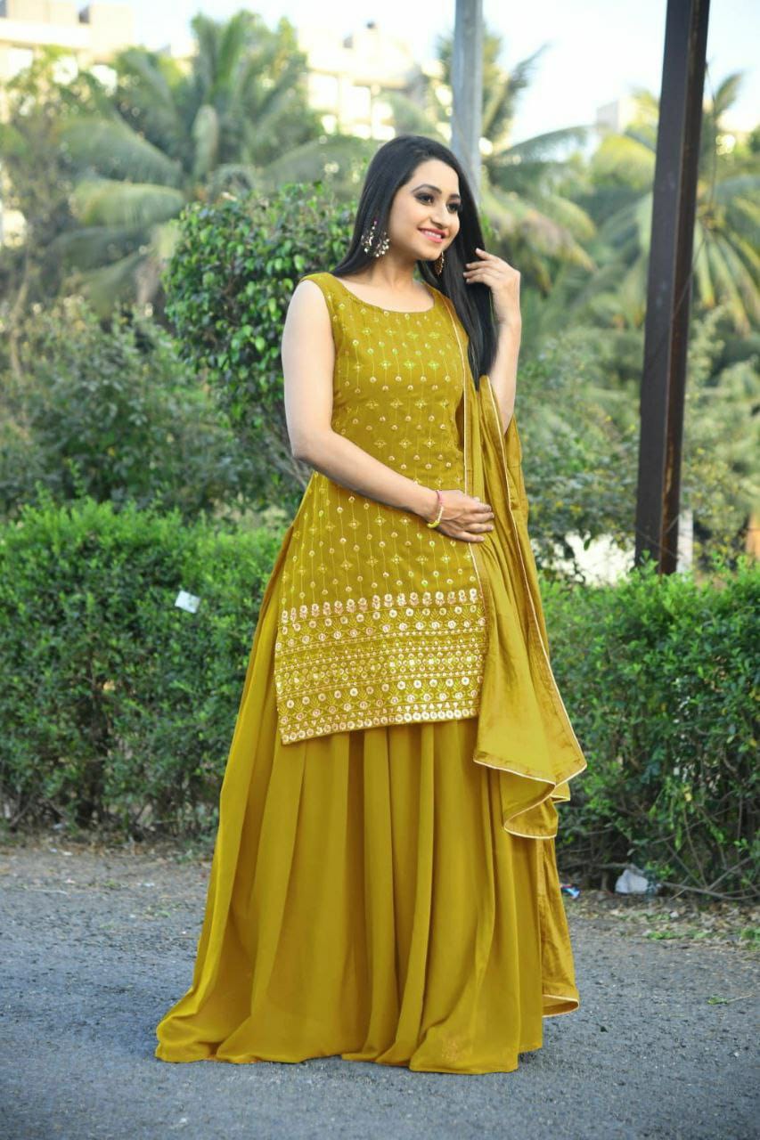 Beautiful Faux Georgette Yellow Top With Plazo and Dupatta