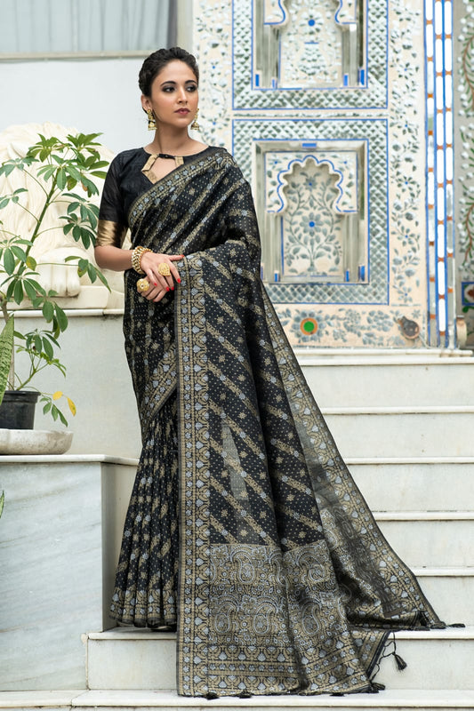 Black Pure Tussar Silk Jamdani Weaving Saree With Zari Woven Border