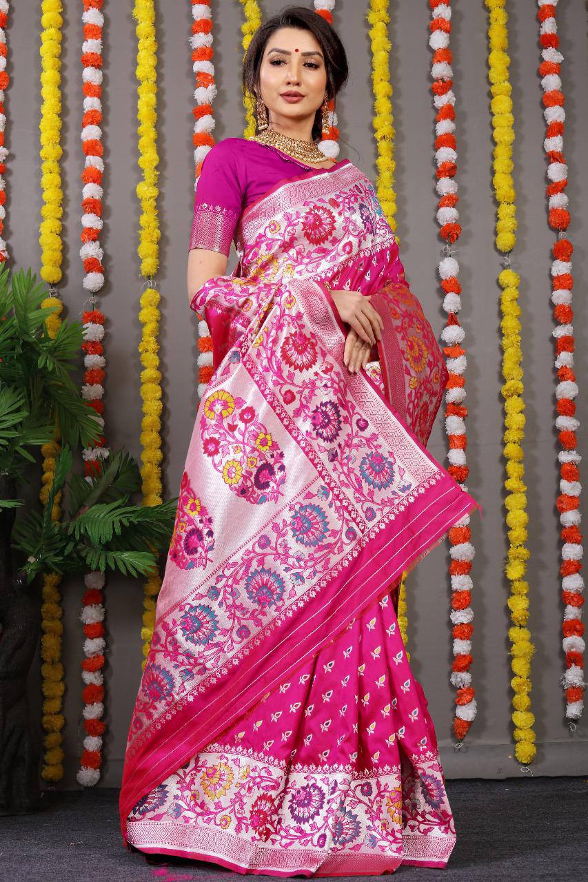 Beautiful Pink Saree With Silk With Weaving Silver Zari