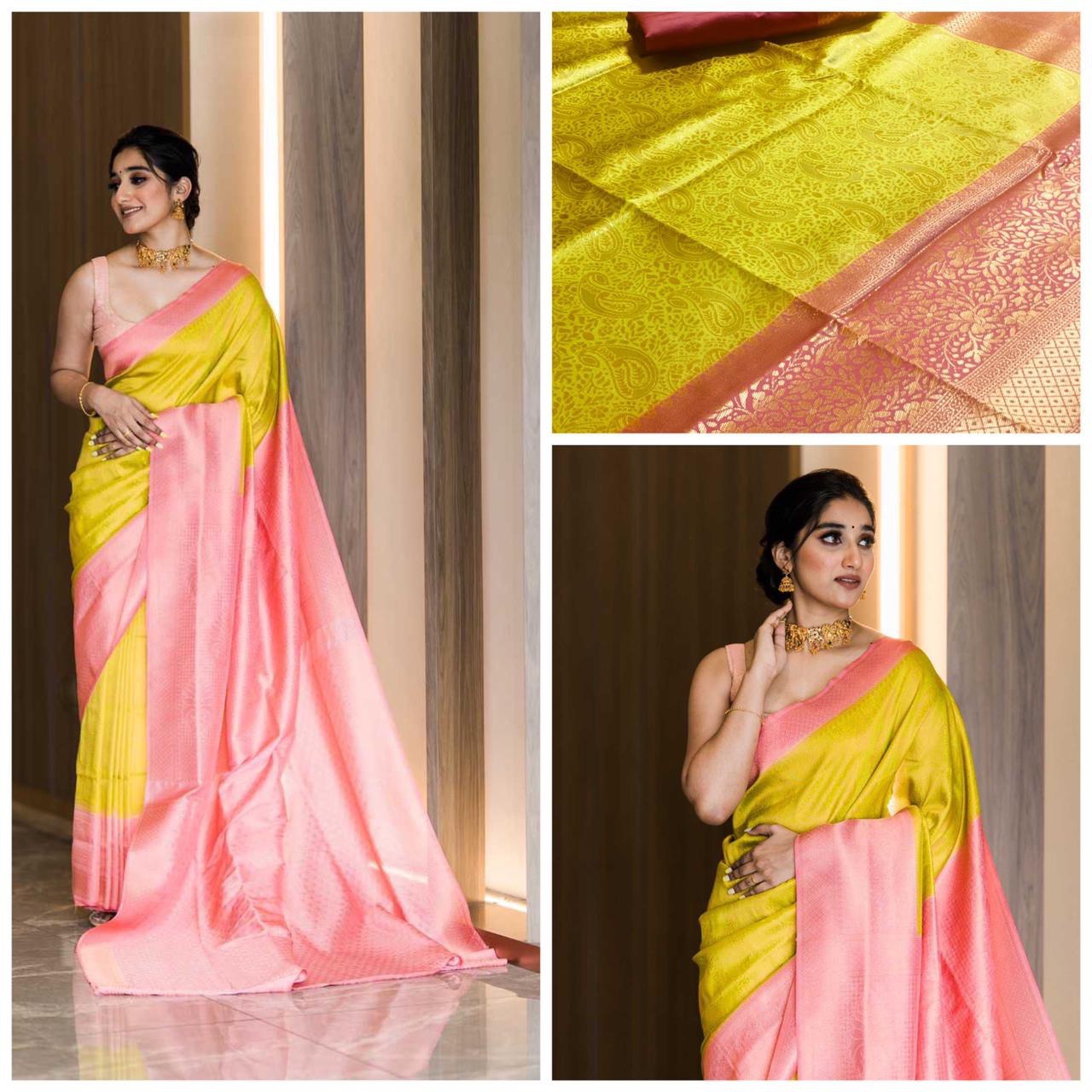 Pastel Yellow Special 3D Weaving Lichi Silk Banarasi Saree