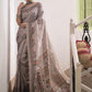 Grey Tussar Silk Saree With Madhubani Print