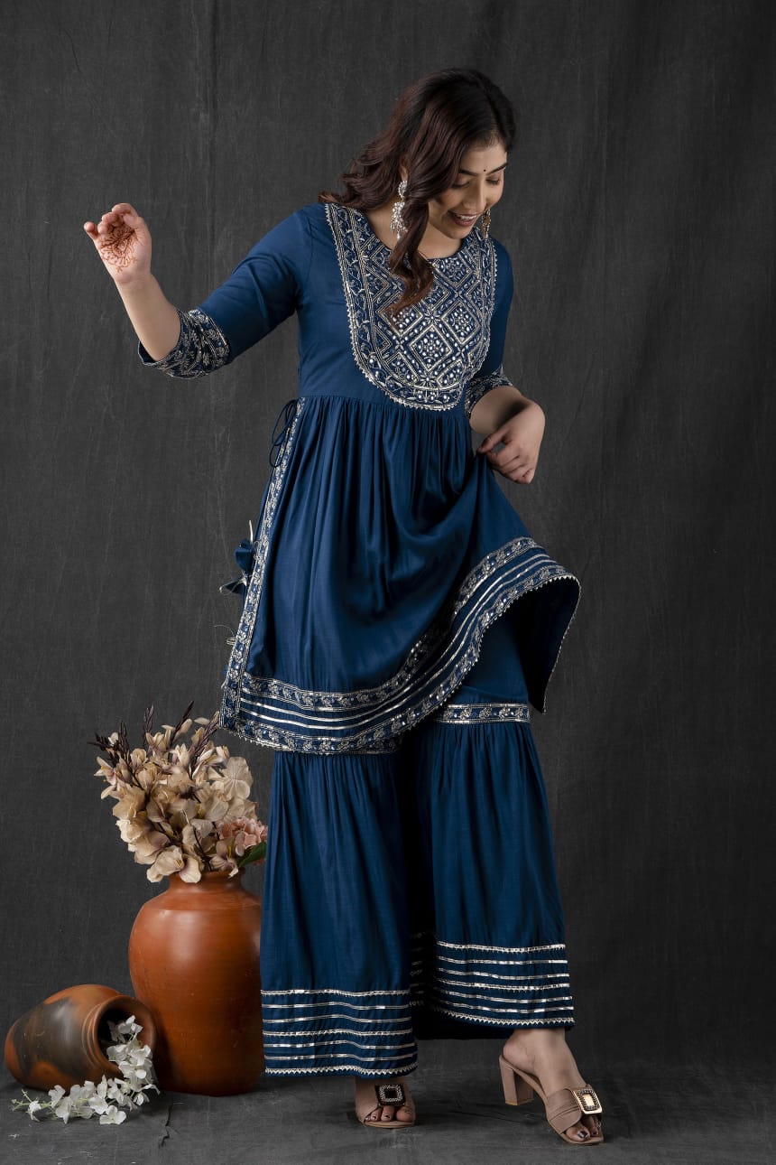 Blue Rayon embroidered  Kurta with embroidery work