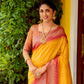 Yellow Silk Saree With Zari Woven Contrast Bomkai Temple Border