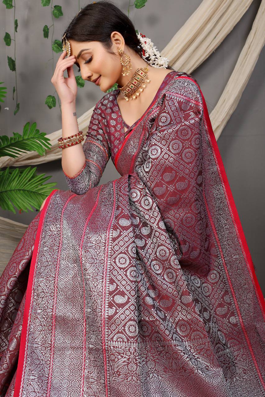 Beautiful Red Colour With Lichi Soft Silk Saree With Weaving Silver