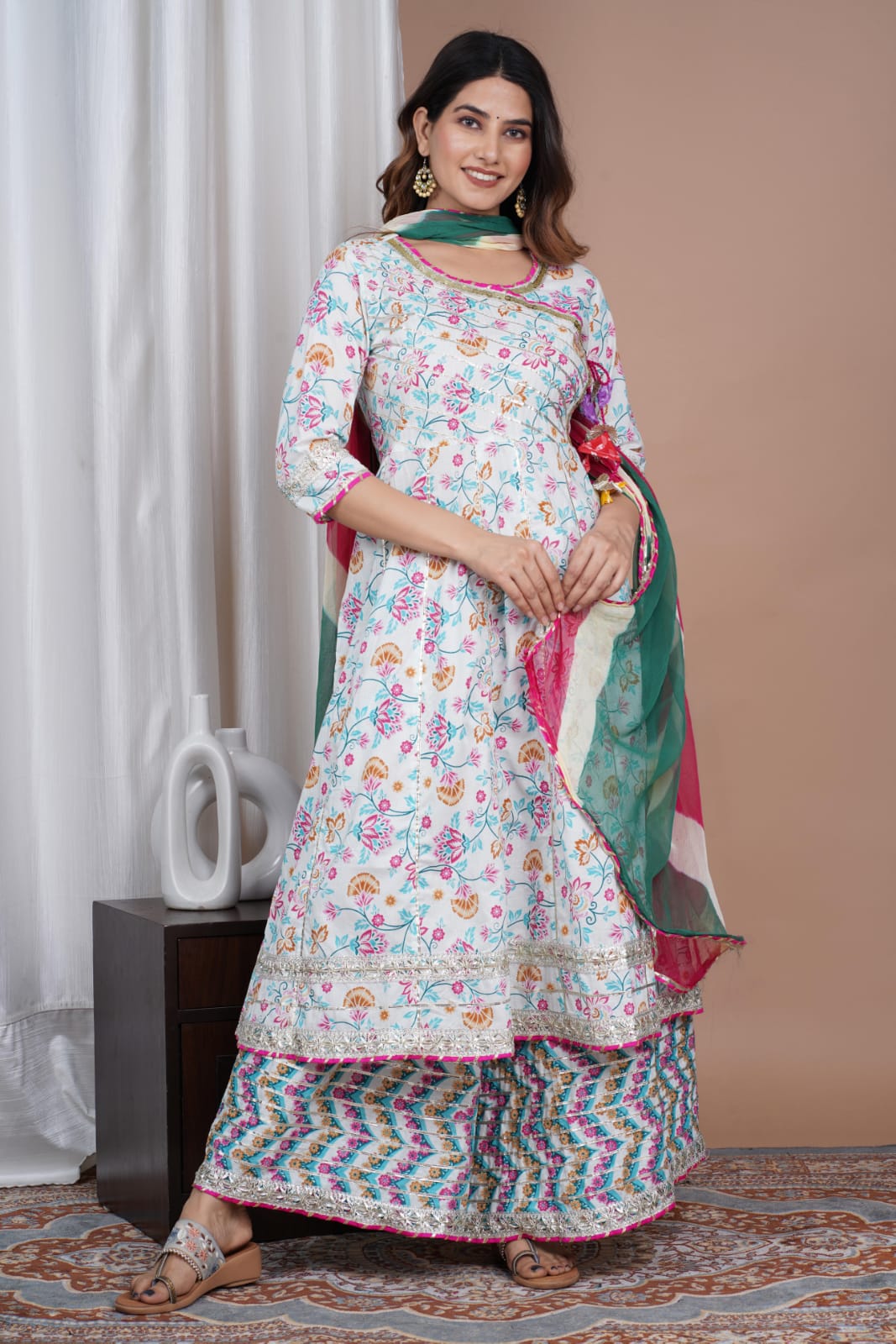 Pure Cotton Anarkali Kurti With Plazzo And Chiffon Dupatta