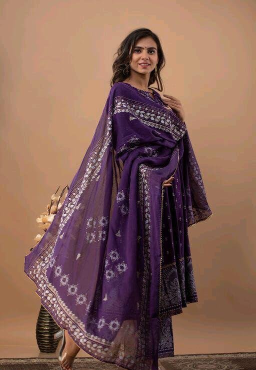 Beautiful Purple Heavy Printed Anarkali Kurti With Palazzo And Dupatta