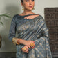Grey Pure Tussar Silk Jamdani Weaving Saree With Zari Woven Border