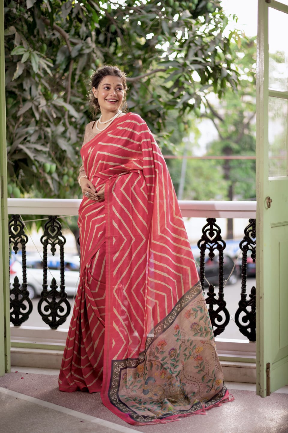 Pink Laheriya Saree With Kalamkari Peacock Pallu