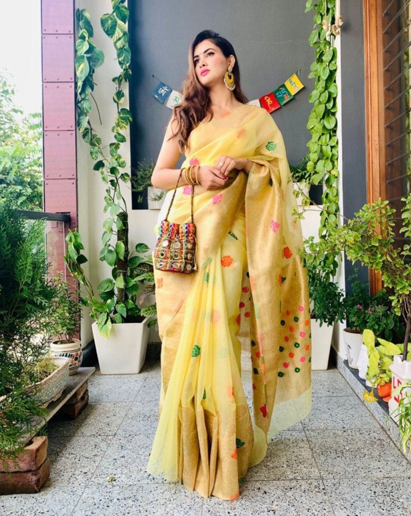 Yellow Pure Soft Organza With Mina Butta Saree