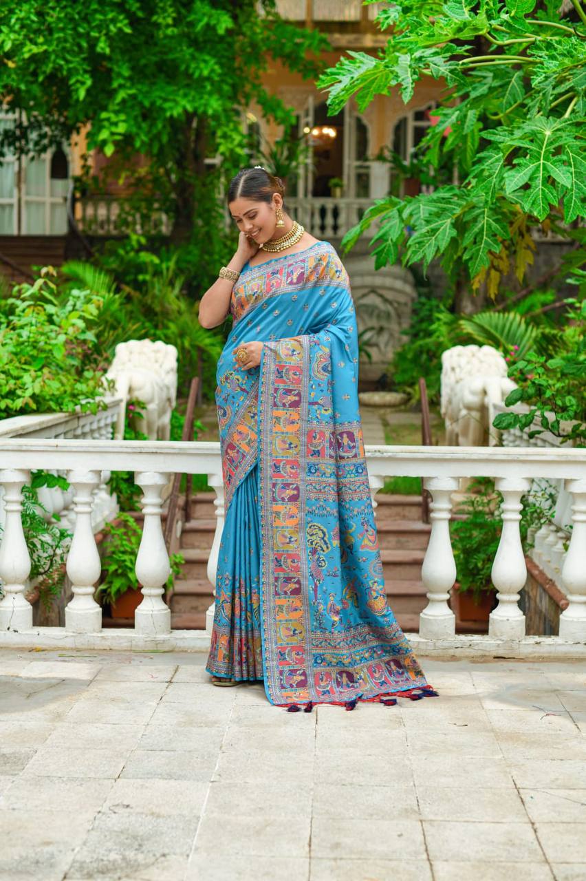 Sky Blue Soft Kashmiri Pashmina Silk Weaving Saree