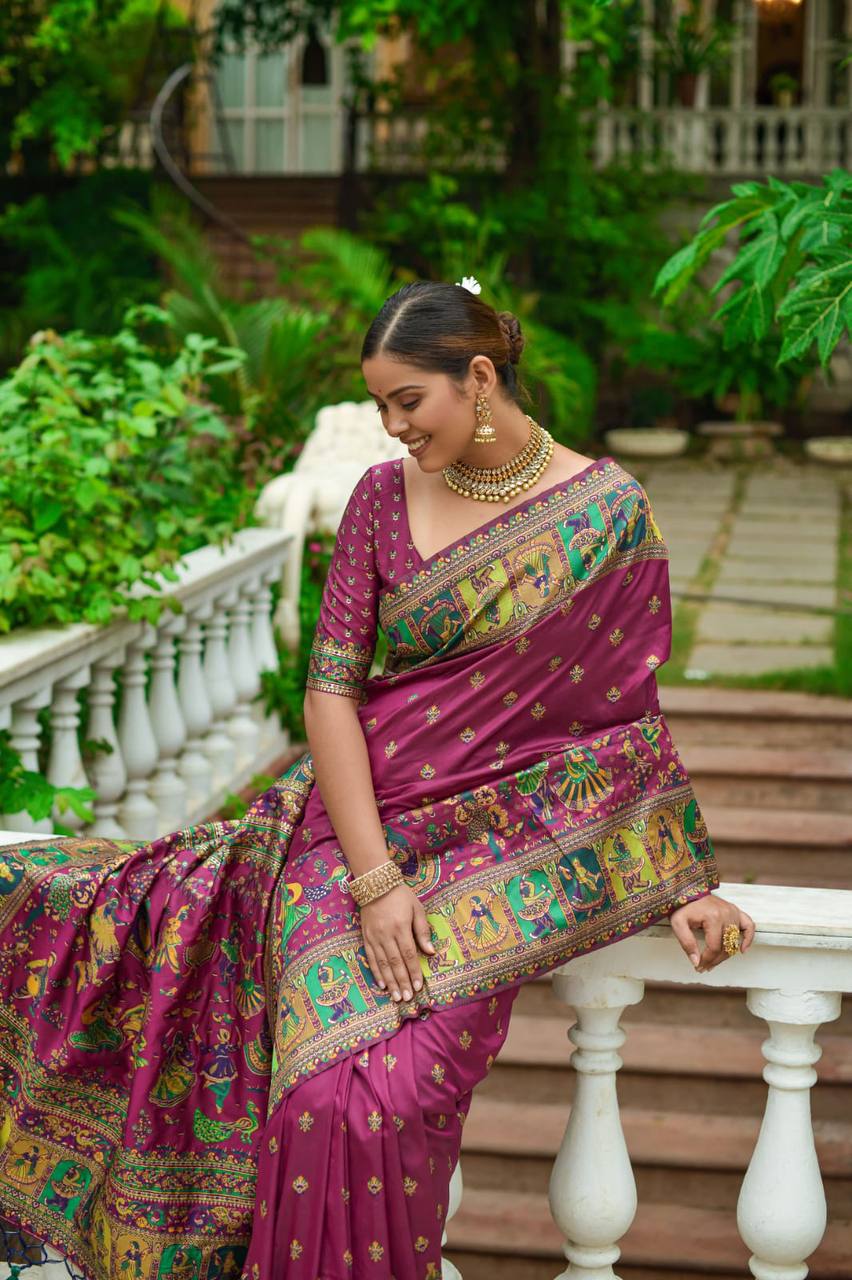 Wine Soft Kashmiri Pashmina Silk Weaving Saree