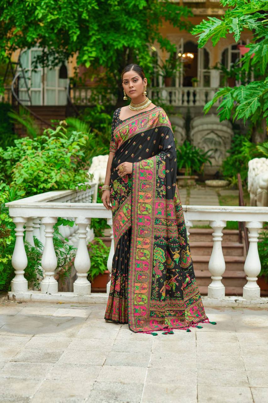 Black Soft Kashmiri Pashmina Silk Weaving Saree