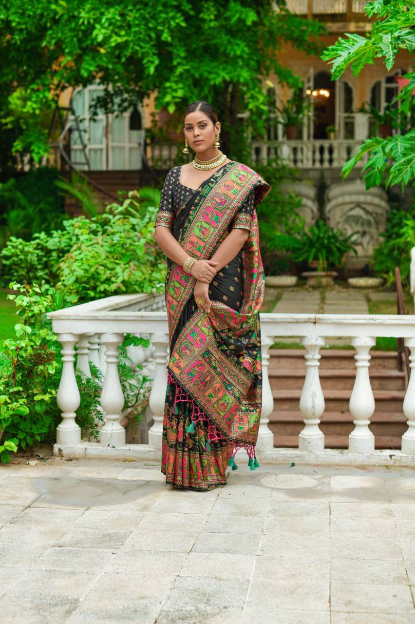 Black Soft Kashmiri Pashmina Silk Weaving Saree