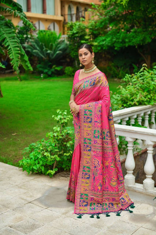 Pink Soft Kashmiri Pashmina Silk Weaving Saree