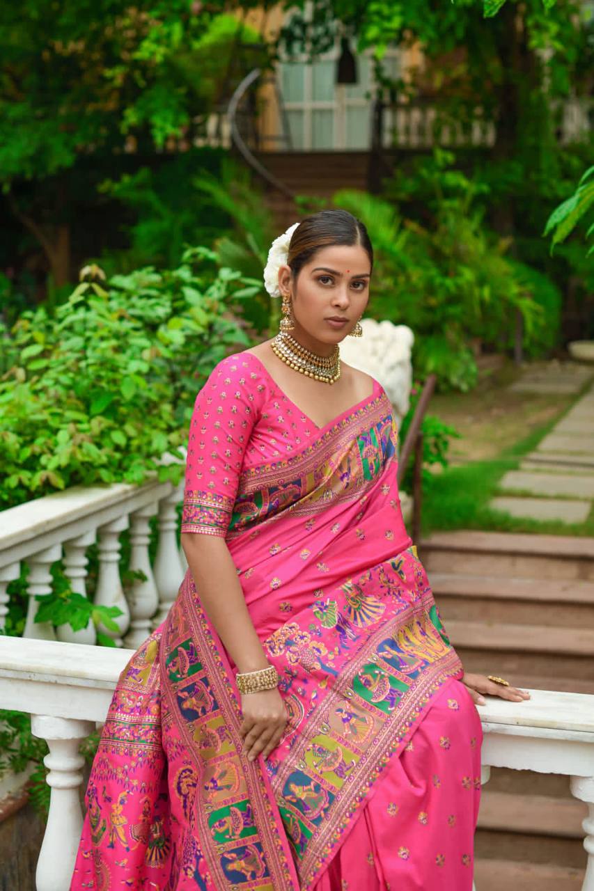 Pink Soft Kashmiri Pashmina Silk Weaving Saree