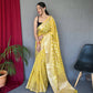Yellow Pure Muslin  Silk Saree With Rose Gold Zari Weaved